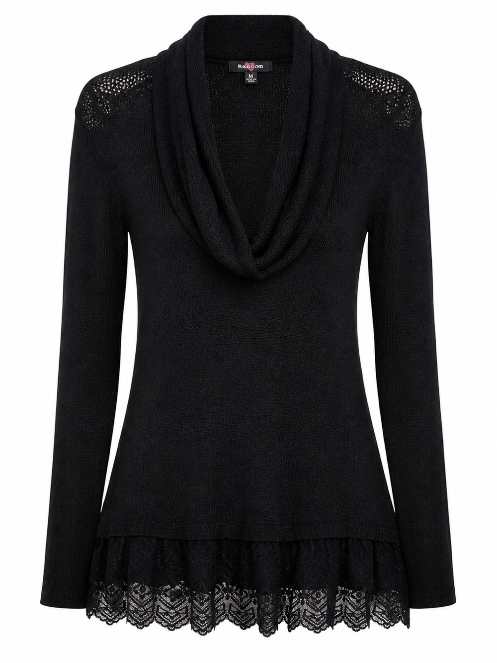 Ransom Black Cowl Neck Lace Hem Sweater Tunic Medium Boho Romantic - Picture 3 of 7